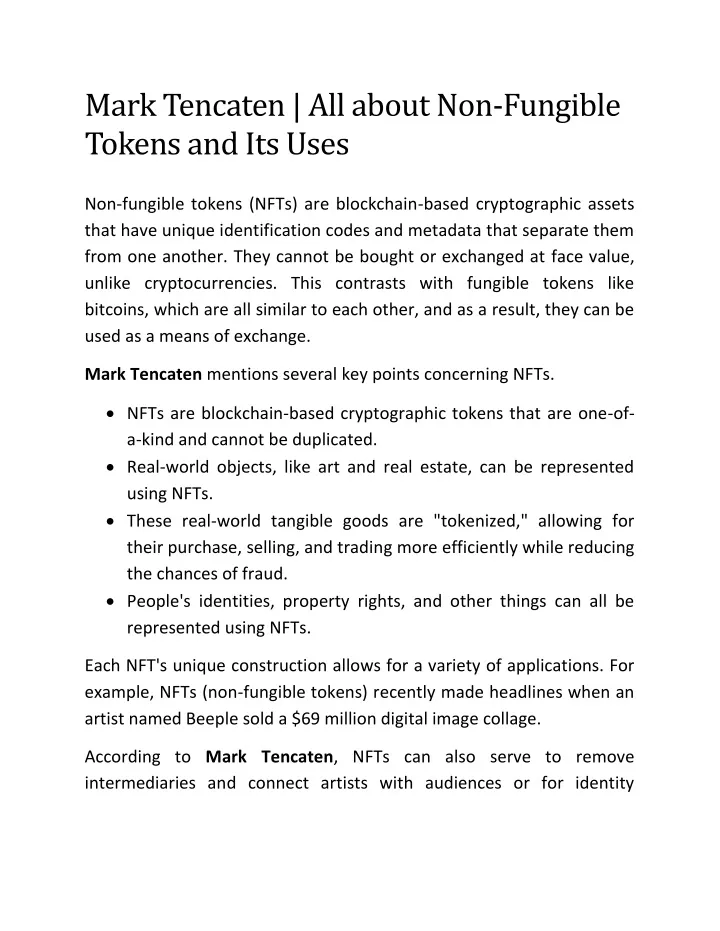 mark tencaten all about non fungible tokens