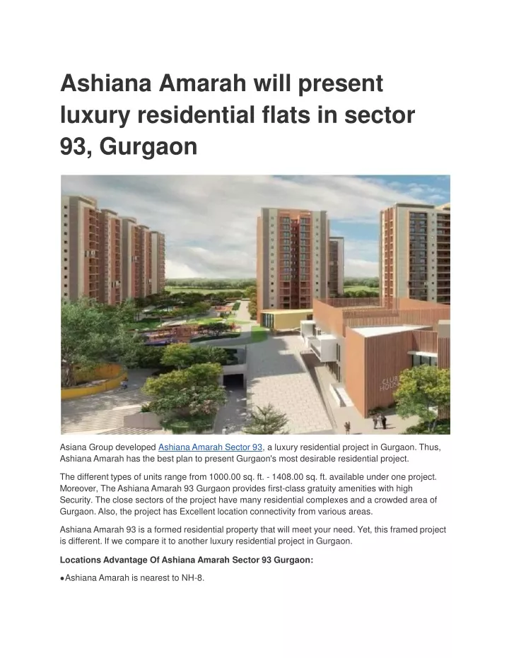 ashiana amarah will present luxury residential flats in sector 93 gurgaon