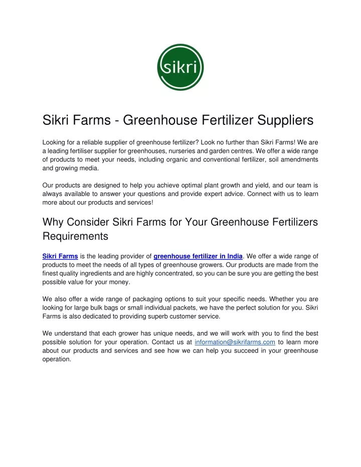 sikri farms greenhouse fertilizer suppliers