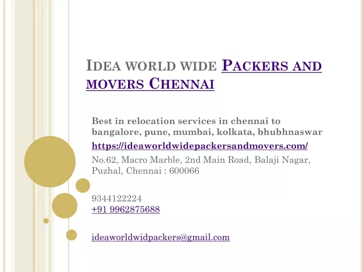 idea world wide packers and movers chennai
