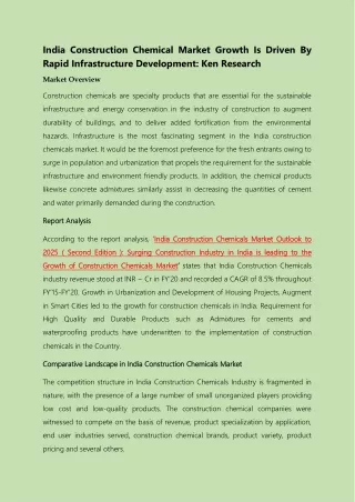INDIA CONSTRUCTION CHEMICAL MARKET GROWTH IS DRIVEN BY RAPID INFRASTRUCTURE DEVELOPMENT