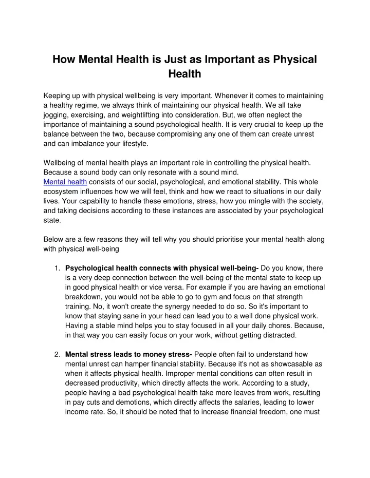 PPT - How Mental Health is Just as Important as Physical Health ...