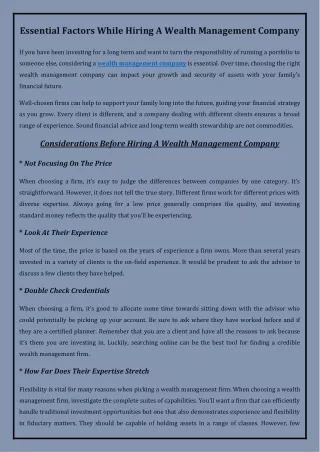 Essential Factors While Hiring A Wealth Management Company