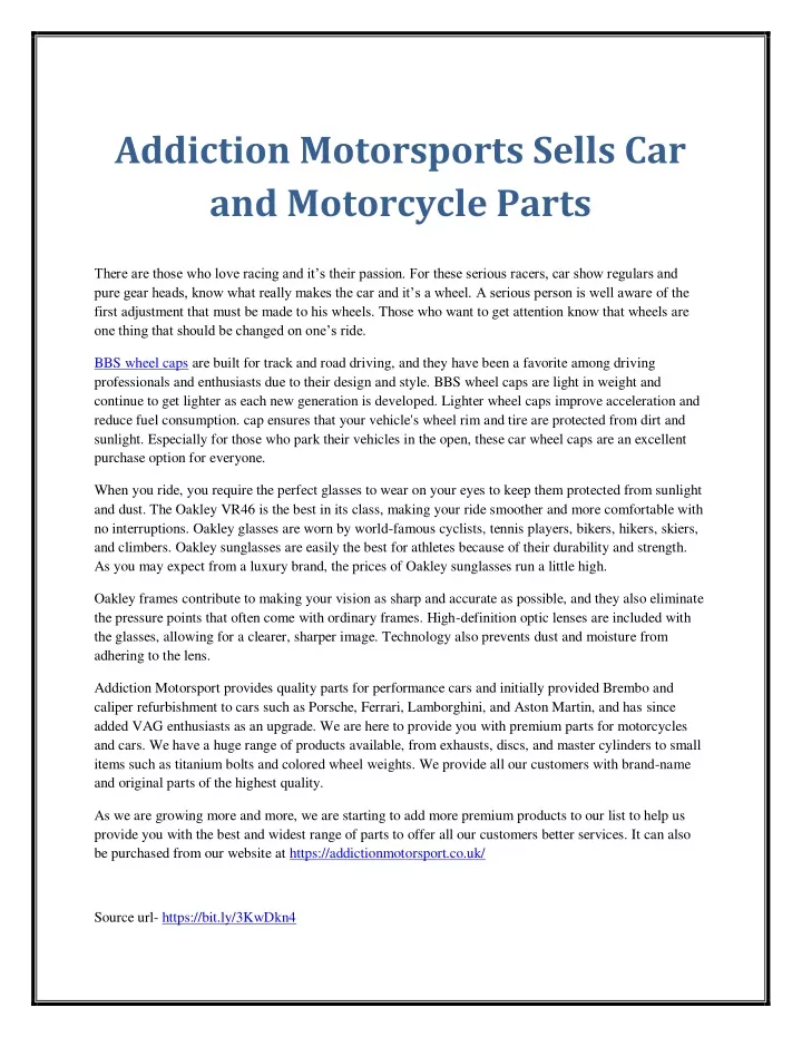 addiction motorsports sells car and motorcycle