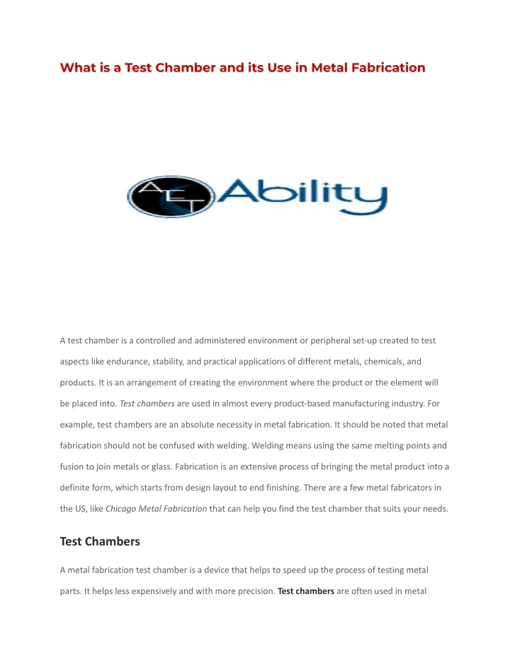 what is a test chamber and its use in metal