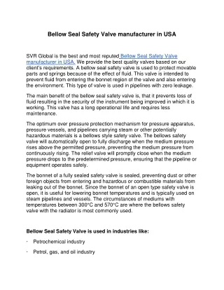 Bellow Seal Safety Valve Manufacturer in USA