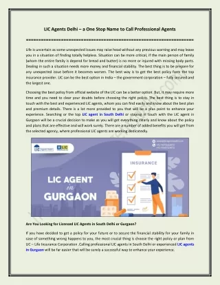 LIC Agents Delhi – a One Stop Name to Call Professional Agents