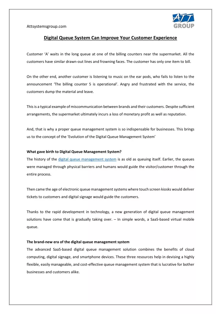 attsystemsgroup com digital queue system