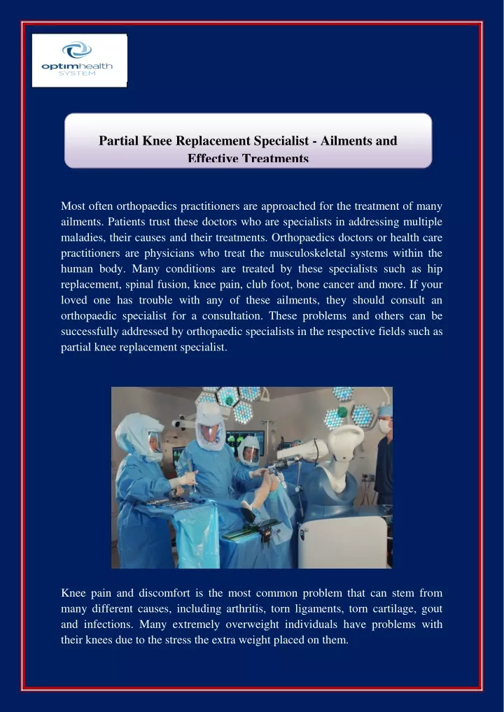 partial knee replacement specialist ailments