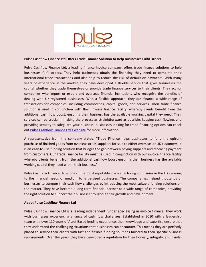 pulse cashflow finance ltd offers trade finance