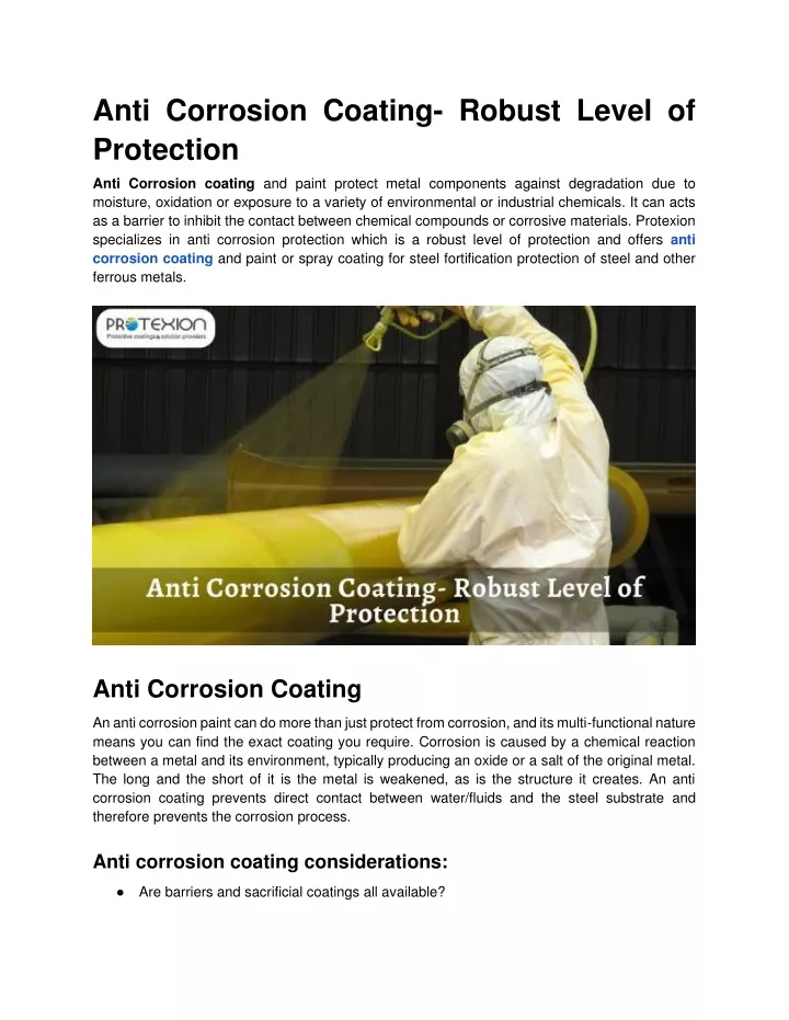 anti corrosion coating robust level of protection