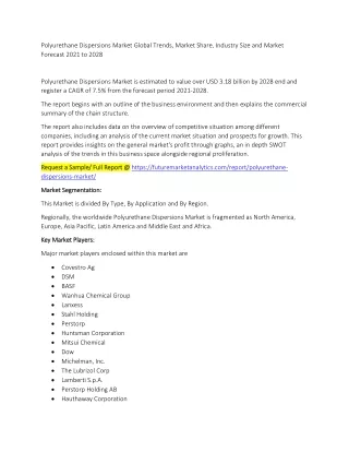 Polyurethane Dispersions Market Trends, Market Share, Industry Size, Growth, and Market Forecast 2021 to 2028