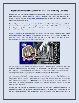 Significantunderstanding about the Steel Manufacturing Company