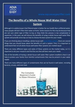 The Benefits of a Whole House Well Water Filter System