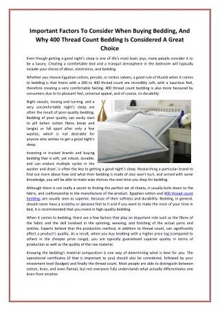 Important Factors To Consider When Buying Bedding, And Why 400 Thread Count Bedding Is Considered A Great Choice