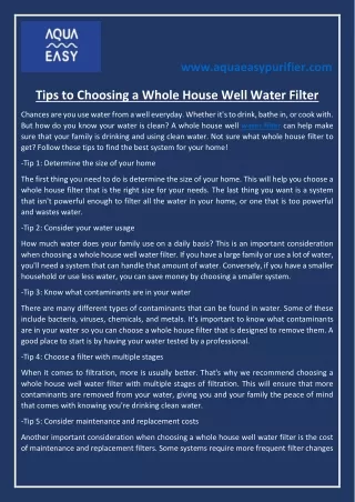 Tips to Choosing a Whole House Well Water Filter