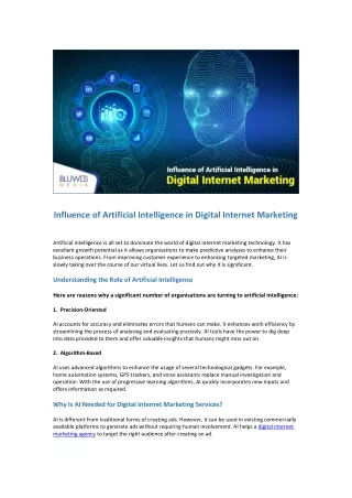 Influence of Artificial Intelligence in Digital Internet Marketing