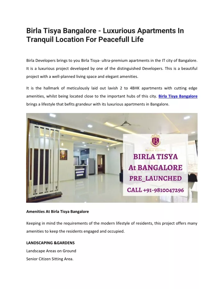 birla tisya bangalore luxurious apartments