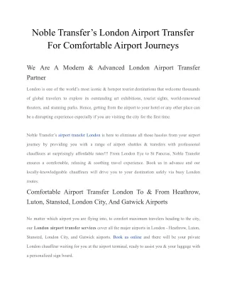 Noble Transfer’s London Airport Transfer For Comfortable Airport Journeys