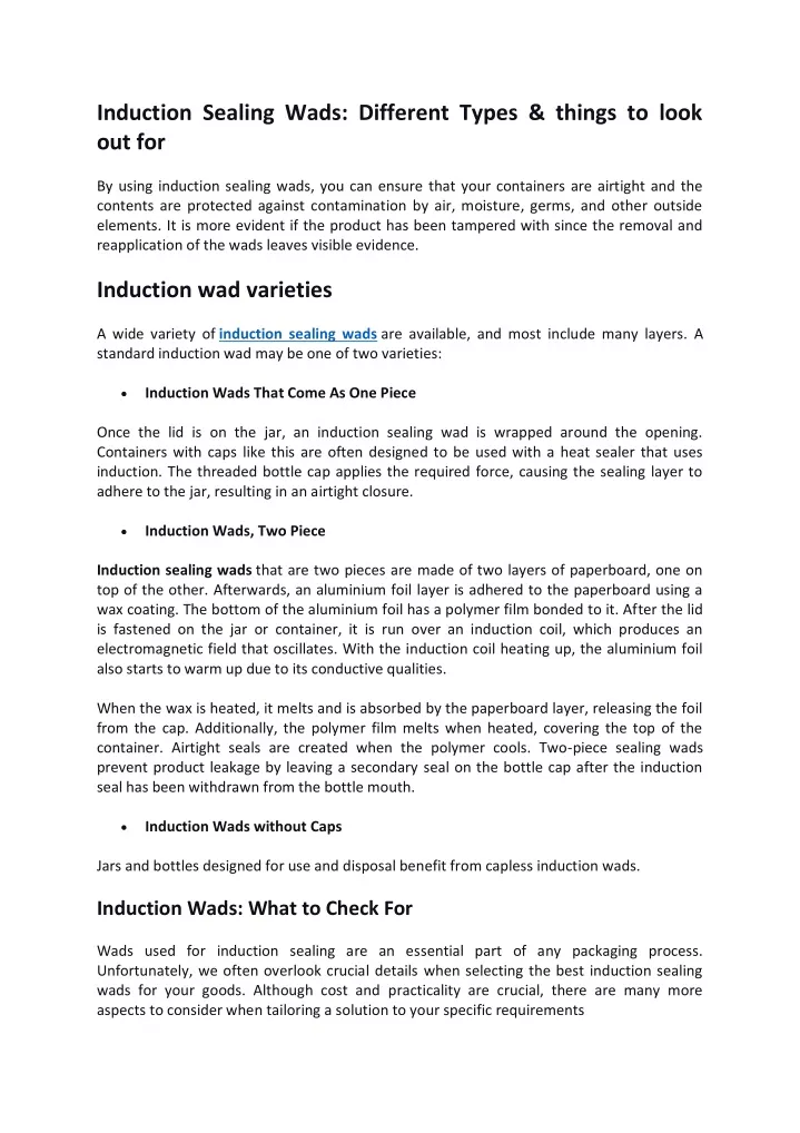 induction sealing wads different types things