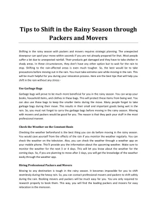 Tips to Shift in the Rainy Season through Packers and Movers