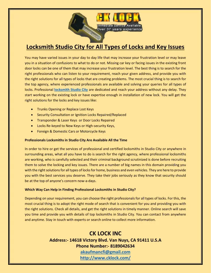 locksmith studio city for all types of locks