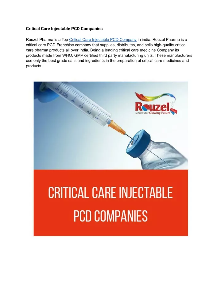 critical care injectable pcd companies