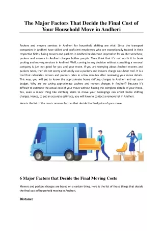 The Major Factors That Decide the Final Cost of Your Household Move in Andheri