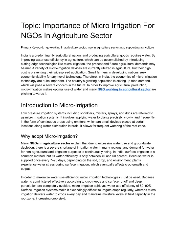 topic importance of micro irrigation for ngos