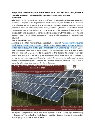 Europe Solar Photovoltaic Panel Market Outlook and Forecast to 2027