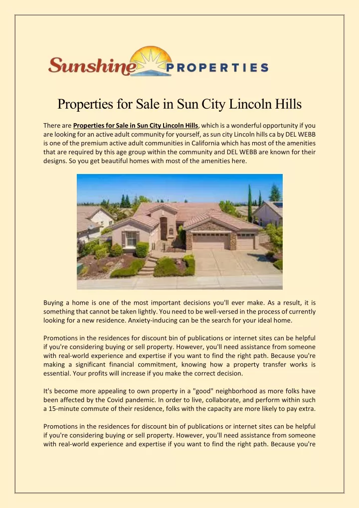 properties for sale in sun city lincoln hills