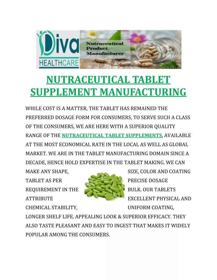 nutraceutical tablet supplement manufacturing