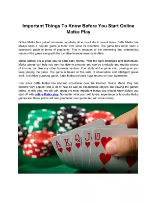Important Things To Know Before You Start Online Matka Play