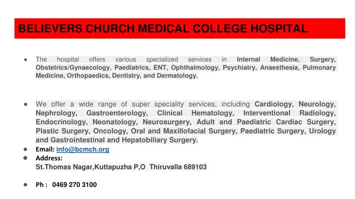 believers church medical college hospital