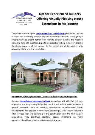 Opt for Experienced Builders Offering Visually Pleasing House Extensions in Melbourne