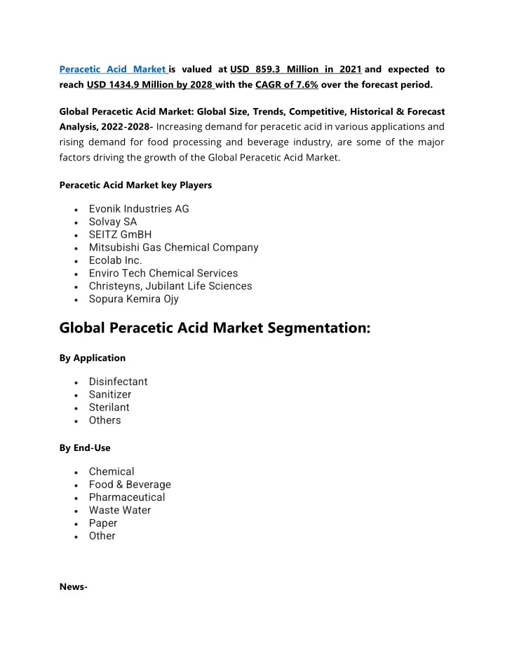 peracetic acid market is valued