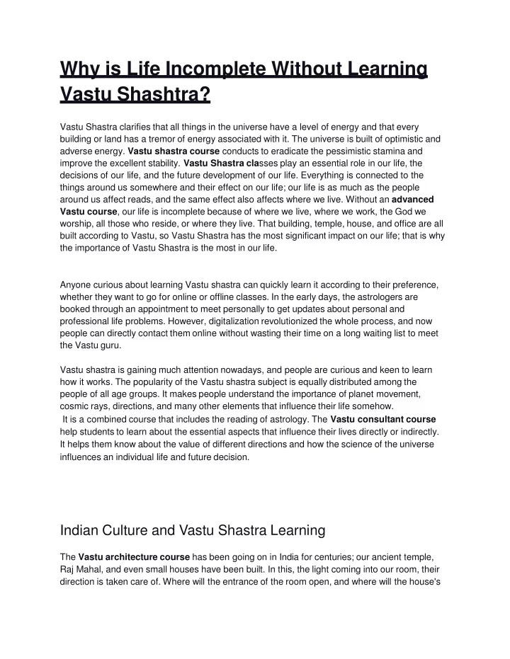 why is life incomplete without learning vastu shashtra