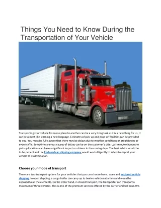 Things You Need to Know During the Transportation of Your Vehicle
