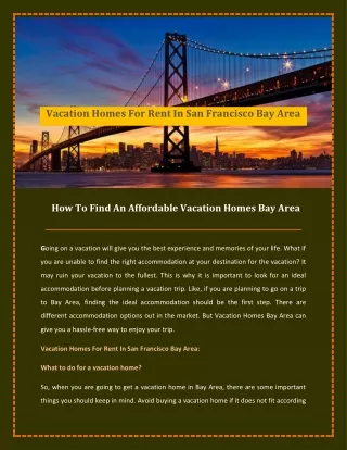 How To Find An Affordable Vacation Homes Bay Area