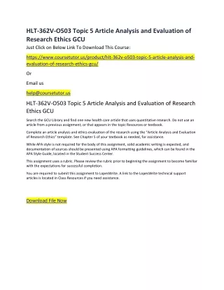 HLT-362V-O503 Topic 5 Article Analysis and Evaluation of Research Ethics GCU