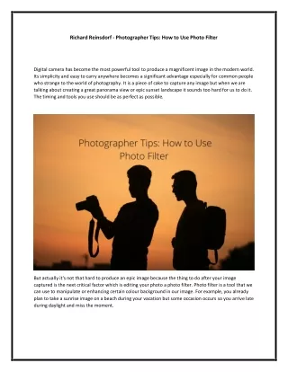 Richard Reinsdorf - Photographer Tips - How to Use Photo Filter
