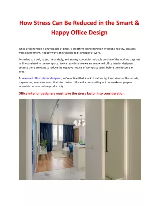 How Stress Can Be Reduced in the Smart & Happy Office Design