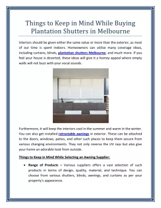 Things to Keep in Mind While Buying Plantation Shutters in Melbourne