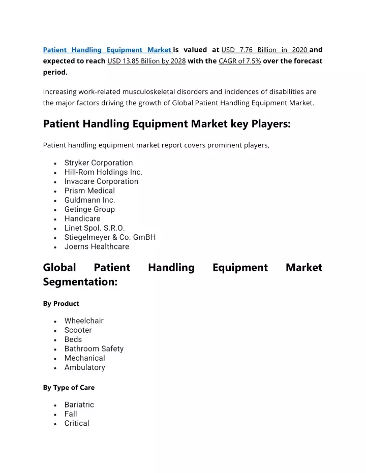 patient handling equipment market is valued