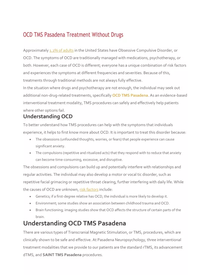 ocd tms pasadena treatment without drugs