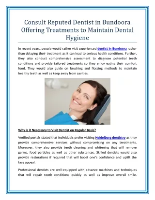 Consult Reputed Dentist in Bundoora Offering Treatments to Maintain Dental Hygiene