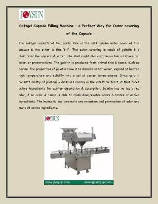 Softgel Capsule Filling Machine – a Perfect Way for Outer covering of the Capsule