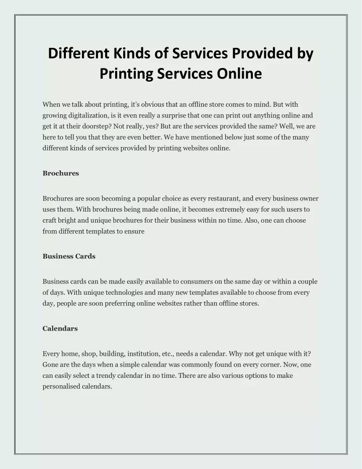 different kinds of services provided by printing