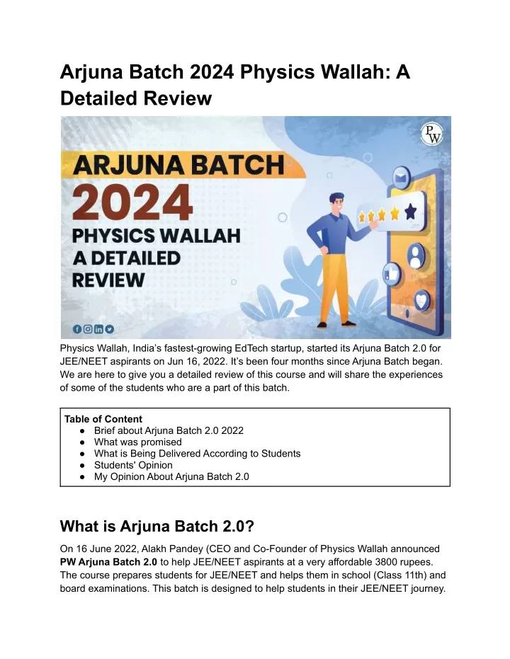 arjuna batch 2024 physics wallah a detailed review