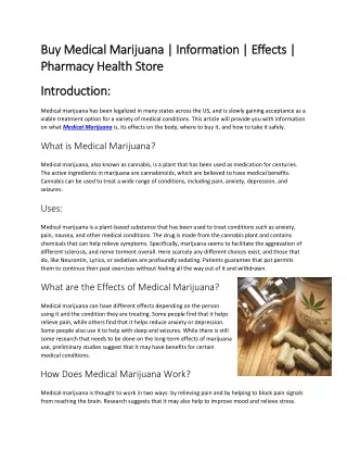 Buy Medical Marijuana | Information | Effects | Pharmacy Health Store
